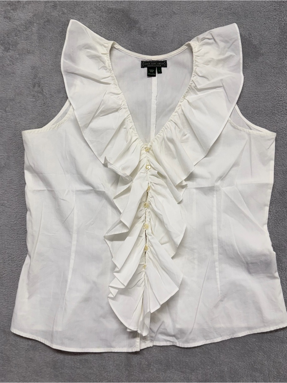 Vtg Lauren Jeans Company Cream Ruffle Tank Top Shirt Blouse Cotton Womens Large